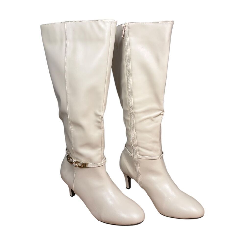Karen Scott Womens Hanna Faux Leather Knee-High Boots | White | 7.5 M Wide Calf